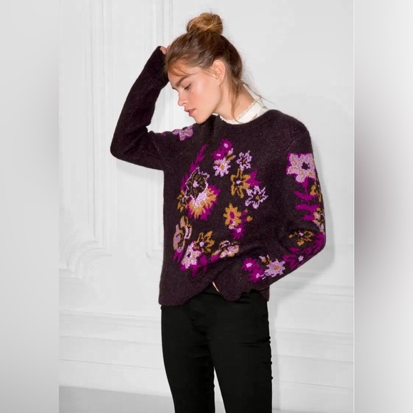 EUC & OTHER STORIES Floral Jacquard Sweater Metallic Thread Detail M Plum Purple - Picture 3 of 16